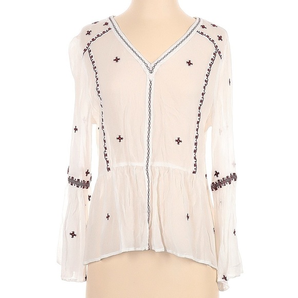 Aqua Tops - AQUA x Bloomingdale's Boho Embroidered Long Sleeve V-Neck Peplum Blouse Small